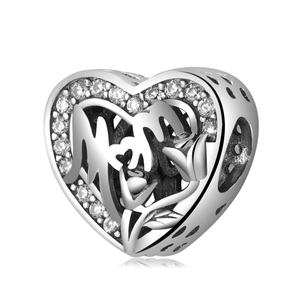 925 Sterling Silver Heart Charm Bead Hollow Mom Letters Rose Flower Clear Cubic Zirconia DIY Bracelet Jewelry Gift
