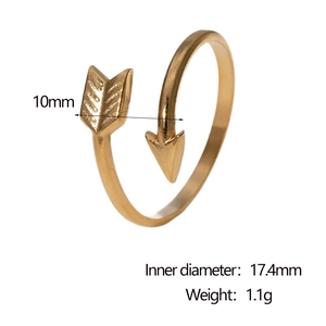 Detailed size specifications for a gold arrow-shaped open stainless steel ring