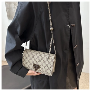 Close-up of vintage square bag featuring clover patterns and antique bronze chain strap