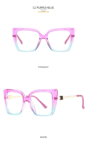Front and side views of purple and blue gradient cat eye frames with metal accents