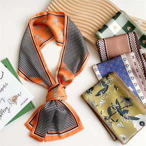 Fashion Skinny Scarf Satin Feeling Narrow Neck Tie Bag Handle Ribbon Floral Horse Print Hair Band For Women
