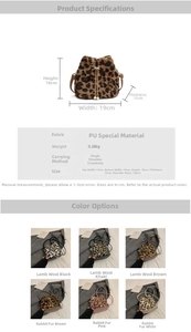 Detailed chart showing faux leopard fur bucket bag dimensions and multi-color options
