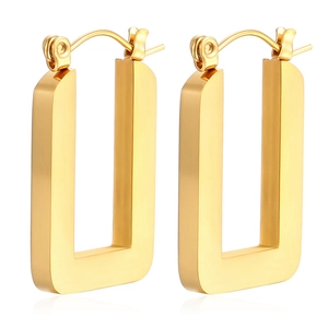 Vintage style gold rectangular stainless steel hoop earrings for women on white background