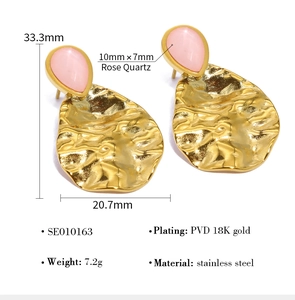 Detail view of pink quartz earrings with dimensions 33.3mm by 20.7mm and PVD gold plating