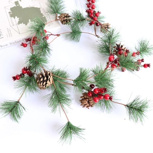 1.8m Christmas garland with artificial pine needles, red berries, and pine cones decor