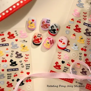 Pony and cherry theme jelly nail stickers with retro plaid and bow designs for DIY art