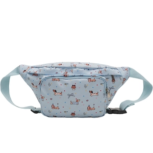 Close-up of light blue waist bag featuring cartoon dachshund print and adjustable nylon strap