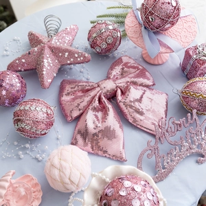 Pink Christmas Tree Decoration Ornaments Sequin Glitter Plush Baubles Star Topper Bow Letter Sign Home Party Decor