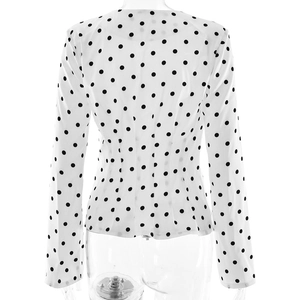Detailed back view of a slim-fit white polka dot top featuring a hidden zipper closure