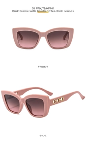Vista frontale e laterale dettagliata di occhiali da sole cat-eye rosa con anelli dorati