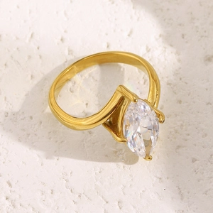 Elegant 18K gold plated stainless steel ring featuring a marquise-cut white zircon