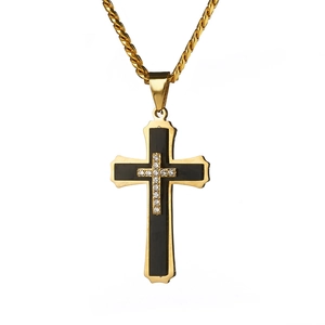 Men's multi-layer cross pendant necklace with black gold finish and cubic zirconia