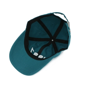 Detail view of the baseball cap's inner structure with sweatband and metal buckle adjustment