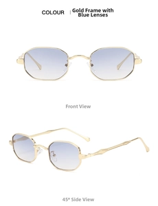 Detail of octagonal gold metal frame sunglasses with blue gradient lenses from two angles