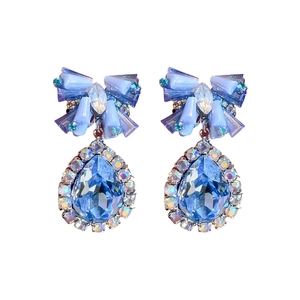 Boucles d'oreilles élégantes avec nœud, goutte de cristal bleu et strass fins