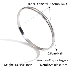 Detail view of silver stainless steel bangle with dimensions showing 6.5cm diameter