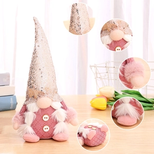 Pink sequin gnome figurine with plush beard for home window decoration ornament