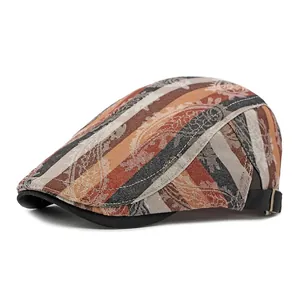 Retro striped newsboy cap with vintage floral jacquard pattern and adjustable strap