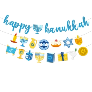 Happy Hanukkah Bannière Banderole Bleu Paillettes Papier Guirlande Menorah Étoile De David Dreidel Décoration De Fête Juive