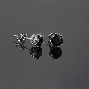 Hip hop black zircon crown stud earrings for men with silver prongs and mirror reflection