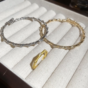 Bamboo style zircon open bracelet and ring set in gold and silver finish with crystal stones