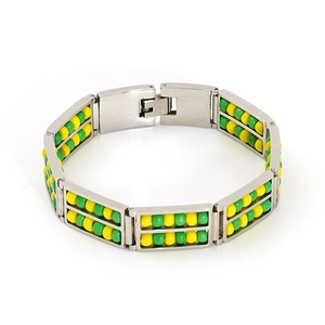 Double-layer stainless steel bead bracelet with yellow and green accents on white background