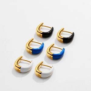 U-shaped 18K gold earrings with black, blue, and white enamel inlay sets