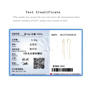 Quality certificate showing S925 sterling silver tassel earrings with 0.90g weight