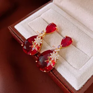 Red Teardrop Flower Drop Earrings Copper Zircon Luxury Vintage Jewelry For Women With Silver Earring Post
