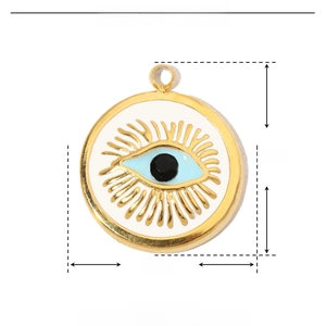 Technical drawing of 15x17mm evil eye pendant in gold steel and enamel with dimensions
