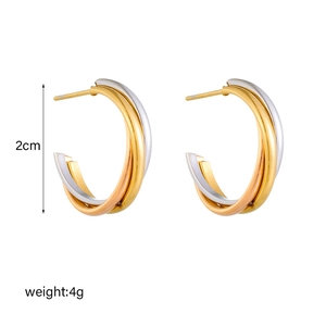 Three-tone C-shaped stainless steel hoop earrings in gold, silver, and rose gold finishes