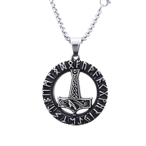 Nordic Viking Mjölnir pendant necklace with Elder Futhark runes in vintage silver finish