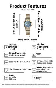 Detailed specs of small gold watch with blue mother-of-pearl dial and steel band