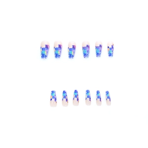 Long coffin fake nails with nude base and shimmering blue-purple holographic plaid pattern