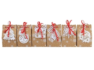 Brown Christmas kraft paper gift bags with white snowflakes and assorted laser-cut tags
