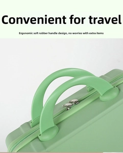 Detail of light green suitcase featuring soft rubber handles and dual metal zippers