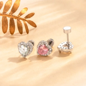 Elegant heart zircon stud earrings in green and pink stone with titanium steel screw backs