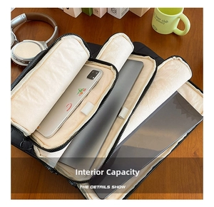 Internal view of padded laptop sleeve with three zipper compartments and soft fleece lining
