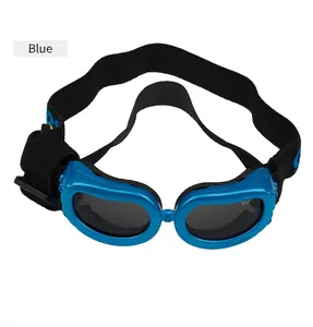 Detailed top view of blue pet sunglasses with UV lenses and black adjustable strap