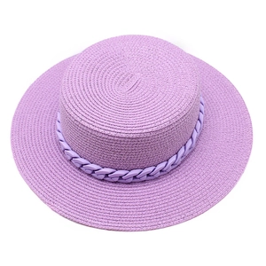 Flat top lavender straw boater hat for women with chunky chain band for beach vacation