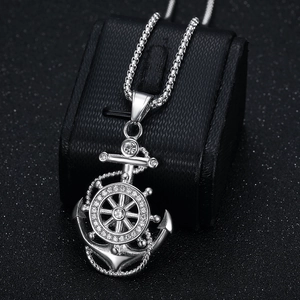 Collier hip-hop avec pendentif ancre et barre en acier inoxydable argenté et cristaux