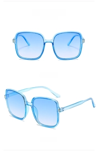 Front and side views of square oversized sunglasses with transparent blue frames and lenses