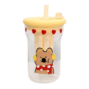 Heat-resistant glass straw cup with cartoon bear design for coffee and fruit tea