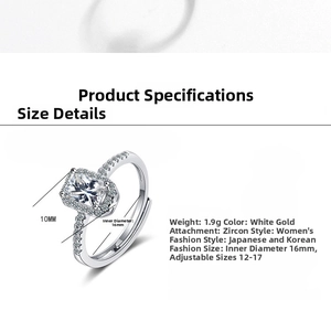 Detail view of adjustable women's ring with 10mm rectangular zircon stone and silver finish