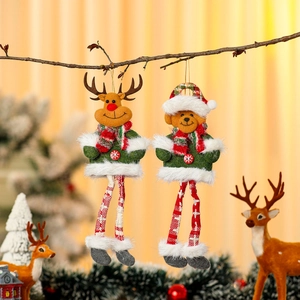 Pair of plush Christmas reindeer and bear hanging ornaments with long legs for tree decoration