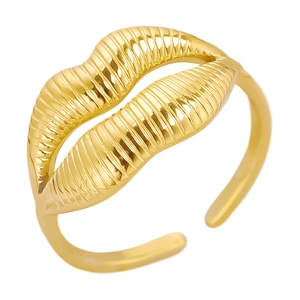 Adjustable golden lip-shaped 304 stainless steel ring with elegant pleated metal texture