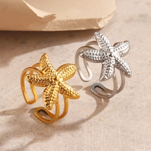 Starfish Open Ring Stainless Steel Adjustable Textured Ocean Theme Beach Jewelry Minimalist Fashion Finger Ring For Women
