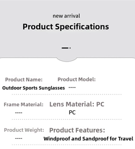 Detailed specifications table for outdoor sports cycling sunglasses with PC lens features
