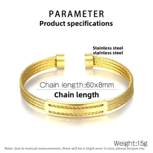Detail view of a four-layer gold stainless steel cable wire cuff bracelet with rectangular plaque