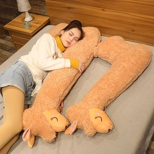Plush alpaca body pillow for pregnancy support made of orange teddy velvet fabric